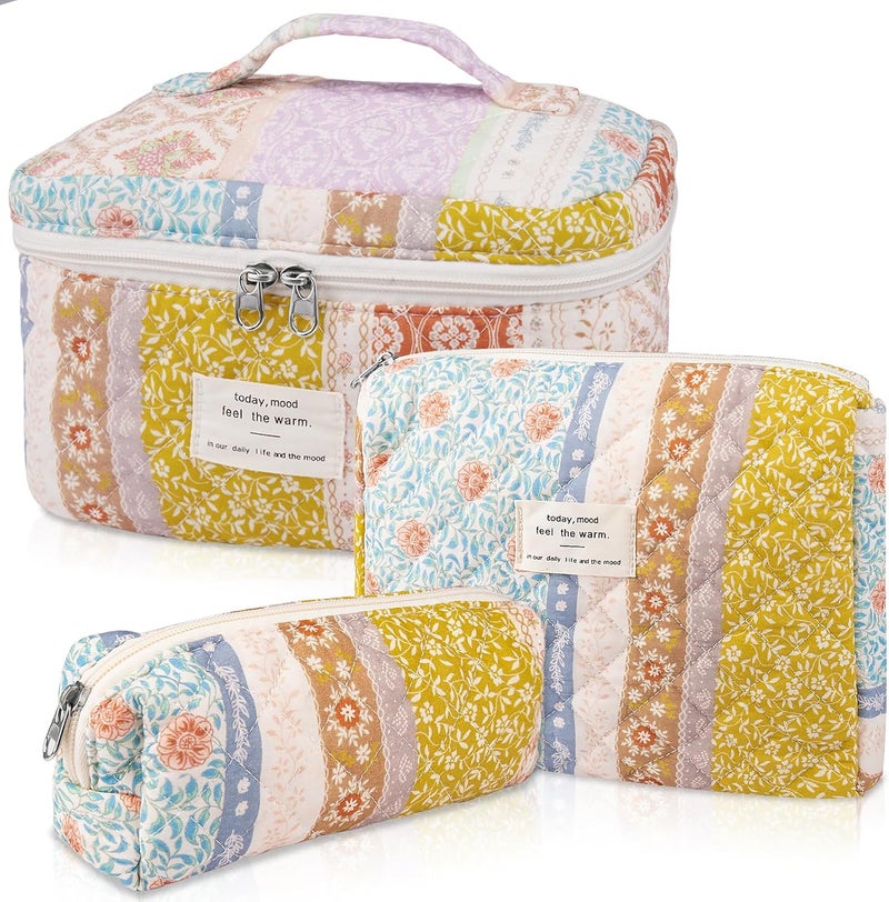Gosect Quilted Makeup Bag Set, Large Floral Cosmetic Bag for Women, Cute Cotton Makeup Bag, Flower Travel Toiletry Organizer Bag(Color-Coded Floral) - Image 1